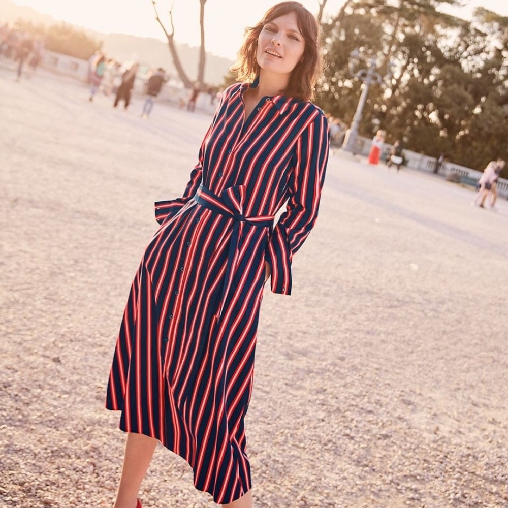 Boden Navy Midi Shirt Dress with Red Stripes